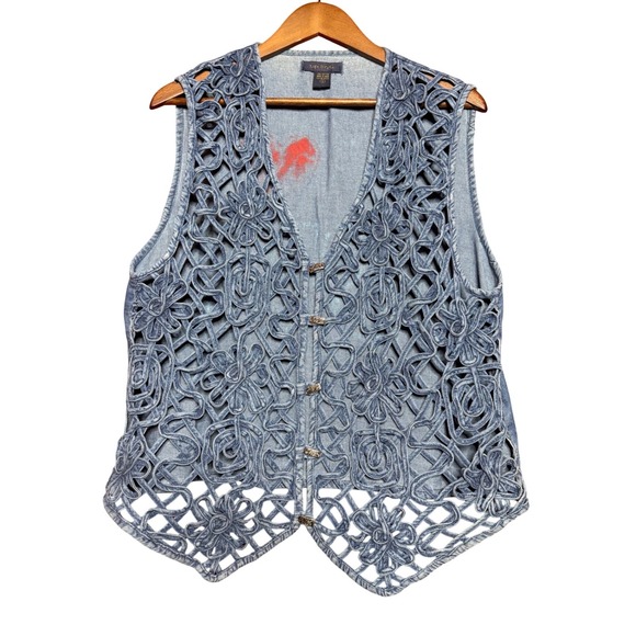 Life Style by L.E.I. Jackets & Blazers - Life Style by LEI Women XL Blue Denim Floral Cutout Button Front Vest Upcycled